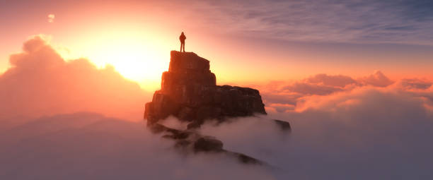 istock Hiker standing on a mountain cliff above clouds. 2159142176