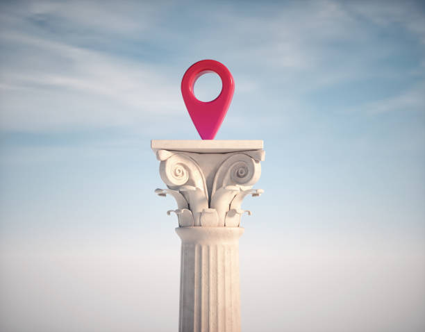Location pin on a Roman column. This is a 3d render illustration