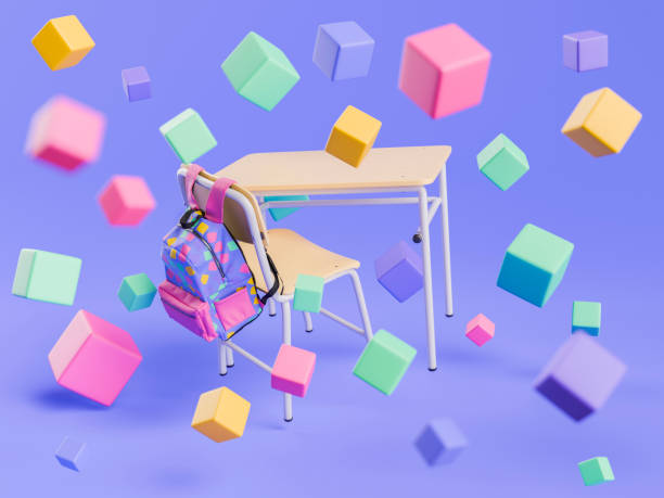 istock School Desk with Colorful Backpack and Floating Cubes on Purple Background 2159142578