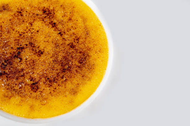 istock Creme brulee on white porcelain plate on wooden table 2159143544