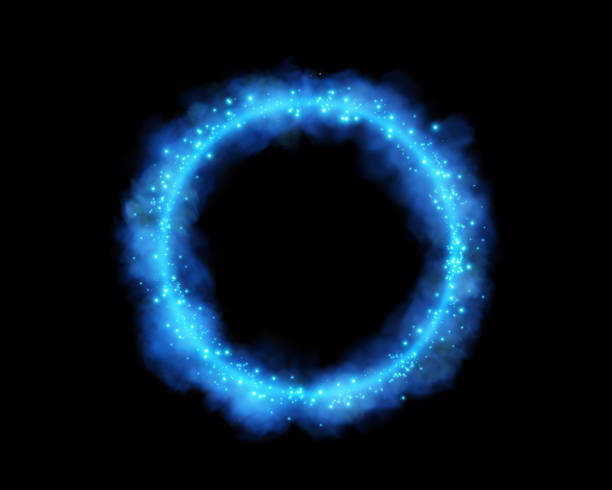 istock Magic portals on the night scene. Blue round holograms with rays of light and sparkles. Glowing futuristic teleport tunnel with copy space on black background. 2159143714