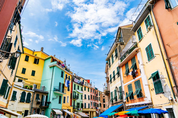 istock Brightly Colored Buildings and Blue Sky in Vernazza, Cinque Terre. 2159150708