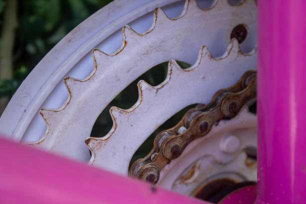 Rusty bike chain and gear shifter, closeup