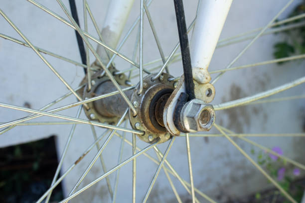 Closeup of an old bicycle wheel, closeup