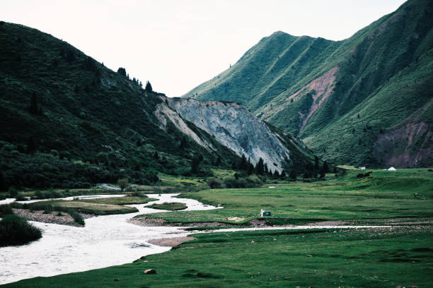 Green lush river valley among mountain peaks. Saryjaz valley, Kyrgyzstan