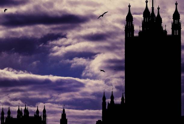 Westminster Bridge, London, January 2011.\n\nTaken from Westminster Bridge, the famous tower of the the UK Parliament Building. The light has been taken down in Adobe Photoshop to create part of the the building in silhouette against all the looming clouds. The sky has also been turned a moody color to crate a complimentary background to the building in silhouette and the birds flying overhead.