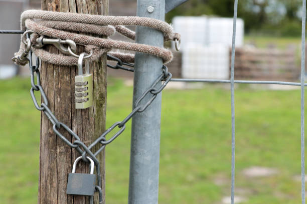 istock Padlock combination lock with chain on the fence 2159156056