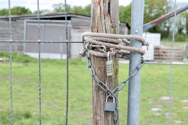 istock Padlock combination lock with chain on the fence 2159156089