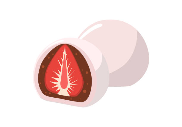 Illustration of traditional sweet Japanese food, Ichigo Daifuku vector. Traditional sweet Japanese food, strawberry Daifuku vector illustration. Mochi with delicious strawberry, dessert sweet food, isolated on white background. Pastry confectionery with berry filling. mochi cherry blossom cake stock illustrations