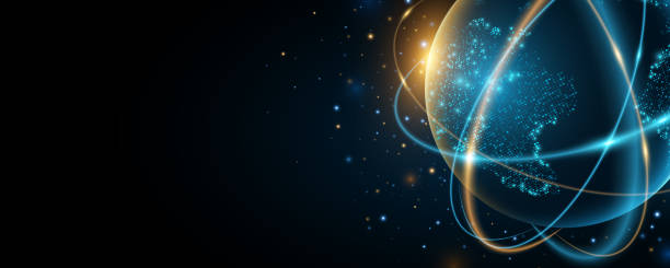 istock Planet Earth with digital glowing map of dots. Abstract rings in the orbit with stars on dark background. Global communication system. Vector illustration 2159160998