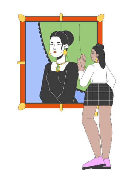 Curvy latina woman looking at mona lisa painting 2D linear cartoon character Curvy latina woman looking at mona lisa painting 2D linear cartoon character. Hispanic female enjoying famous artwork isolated line vector person white background. Gallery color flat spot illustration mona lisa stock illustrations