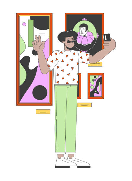 istock Hispanic man posing for selfie against famous paintings 2D linear cartoon character 2159161246