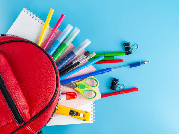 istock Stationery for studying against the background of a student's backpack close 2159162360