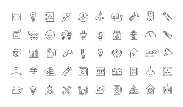 ikony elektryczności. ikony związane z zasilaniem - składnik stock illustrations