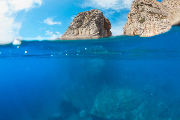 istock Underwater sea background    Overwater underwater split shot  beautiful lagoon 2159166950