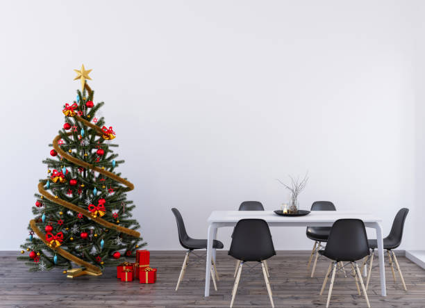 istock Decorated Christmas tree in a Scandinavian modern dining room with copy space, 3d render 2159168682