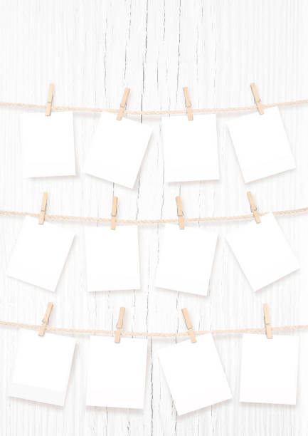 Twelve Blank Rectangle Frames for Baby Pictures Hanging on Rope Isolated. My First Year. Clipping Path for Pictures Included