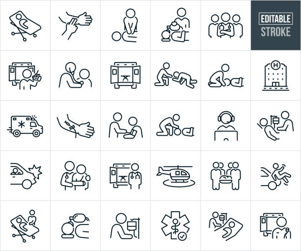EMT And Paramedic Thin Line Icons - Editable Stroke A set of EMT and paramedic icons that include editable strokes or outlines using the EPS vector file. The icons include a person on a gurney, EMT checking the pulse of a person during an emergency, paramedic giving chest compressions to a person during an emergency, EMT using a bag valve mask on an unresponsive person, team of EMT personnel, paramedic on radio standing near ambulance, paramedic checking the heart of a sick person using a stethoscope, back of an ambulance with open doors and a stretcher, EMT worker assisting an injured person, paramedic stabilizing the head and neck of an injured person, hospital building, rushing ambulance, arm with an IV, paramedic checking a patients blood pressure using a blood pressure cuff, paramedic clearing the airway of an person during an emergency, emergency dispatch worker, medical worker attending to a person with an IV, person crashing car, EMT worker assisting and injured person, medical helicopter, group of paramedics carrying a person on a stretcher, pedestrian being hit by a car, paramedic attending to a sick person on a medical gurney and other related icons. cpr stock illustrations
