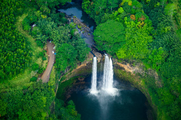Aerial view of the idyllic Wailua Falls at the east coast of Kauai, Hawaii