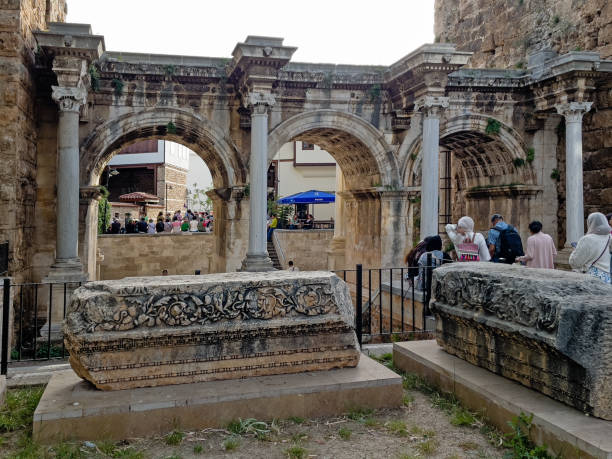 Antalya, Turkey -22 April, 2024. Hadrian's Roman Gate  is a memorial gate located in Antalya old town in Kaleici district, Turkey,