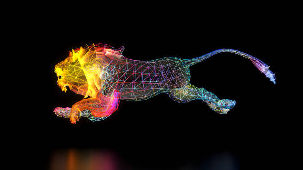istock 3d render art wild beast lion king animal in run attack motion in wire mesh structure in neon glowing laser light lines in rainbow gradient color on black reflective surface 2159183035