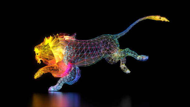 istock 3d render art wild beast lion king animal in run attack motion in wire mesh structure in neon glowing laser light lines in rainbow gradient color on black reflective surface 2159183040