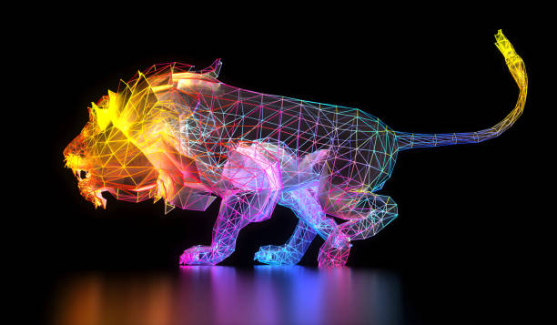 istock 3d render art wild beast lion king animal in run attack motion in wire mesh structure in neon glowing laser light lines in rainbow gradient color on black reflective surface 2159183043
