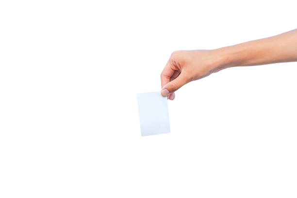female hand holding blank card isolated on white background.