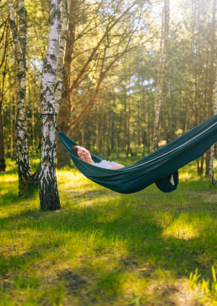 Beautiful landscape with hammock in the summer garden, sunny day, selective focus
