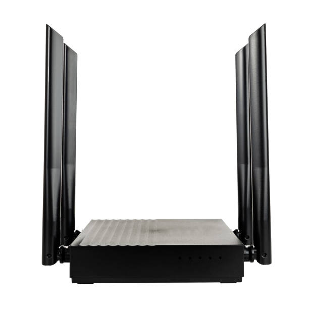 istock Wireless Wi-Fi router with antennas for connecting and transmitting the Internet for home and office isolated on a white background 2159187101