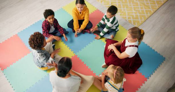 istock Kindergarten, children and hands with game in circle for development, growth and activity. Teacher, high angle and playful student on mat in class for sensory education, learning and creative skill 2159187483