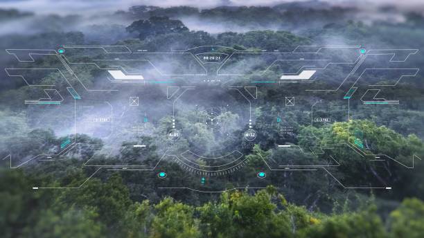istock HUD navigation screen system aerial view explorer jungle landscape flying over mountain and cloud. UI aim scanning interface military weapon concept illustration 2159190528