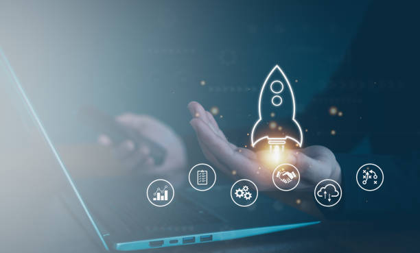 istock Entrepreneurship launch rocket start flying up and network line connection. Startup concept plan development business project digital. 2159196868