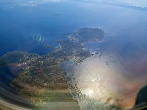 elba island aerial view from airplane window panorama