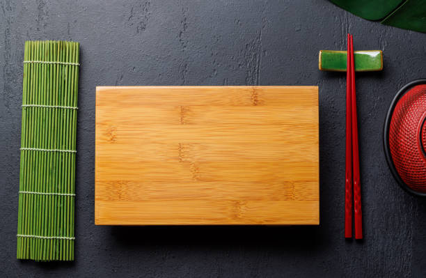 istock Japanese Table Setting with Wooden Board, Teapot, Chopsticks 2159207771