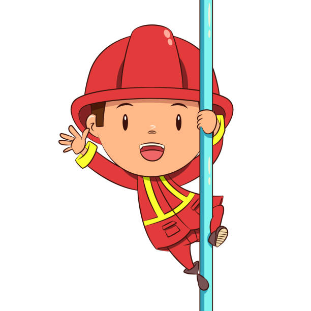 Child firefighter sliding pole child, firefighter, sliding pole, slide down, emergency, pole, holding, fire pole, fireman, fireguard, profession, cute, kid, rescue, play, sliding, young, man, person, cartoon, character, one, wearing, red, uniform, clip art, hand, drawing, service, help, safety, hero, costume, happy, smiling, little, brave, helmet, protection, hat, boy, design, equipment, male, vector, illustration, isolated, white, background drawing of a fireman hats stock illustrations