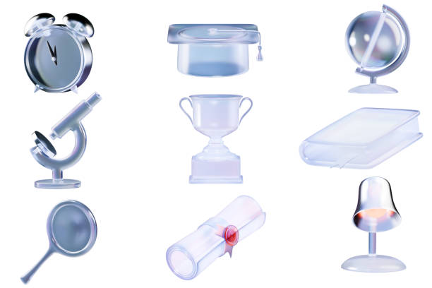 Set of transparent glass educational icons. 3d rendering