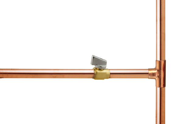 Copper plumbing pipe branch with a valve faucet on a white background