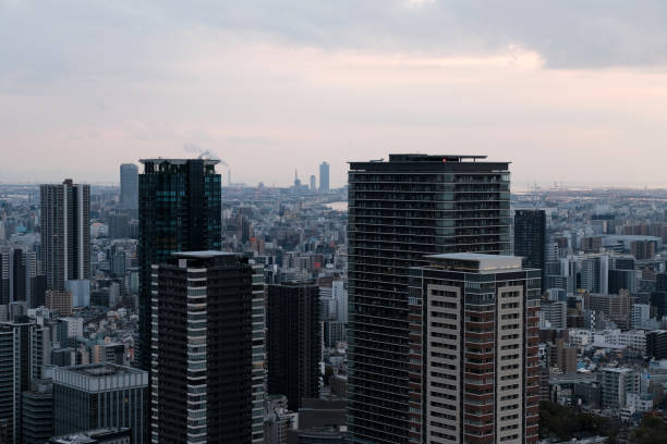 Osaka cityscape, viewed from the Umeda Sky Building, a two-tower landmark skyscraper height 170 mt, located in the outskirts of Umeda business district in Kita-ku, Osaka.