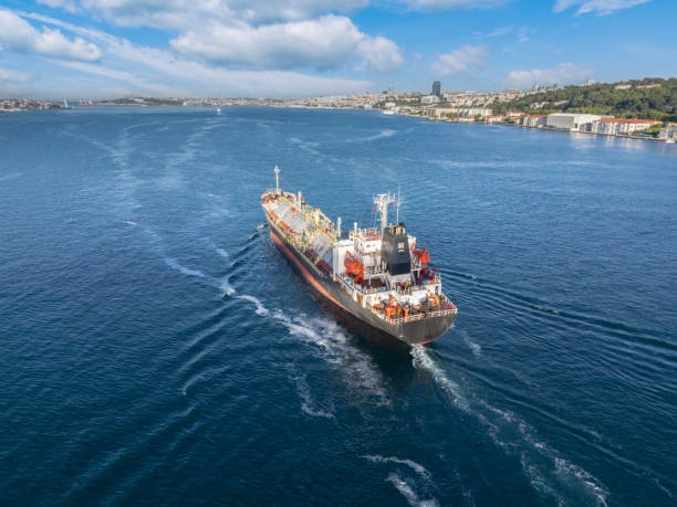 istock Aerial view tanker ship with liquid bulk cargo in transit in Istanbul bosphorus. 2159227557