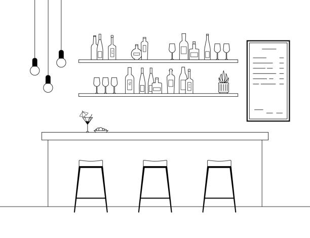 Bar interior in line art style. Bar interior design with bar counter, chairs and bottles. Line drawing. cafe bar counter stock illustrations