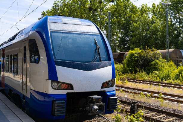 istock Front view of a passenger electric train standing on the platform. 2159231333