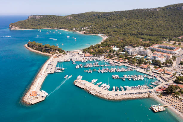 Aerial view of the Kemer Marina and beach in Antalya. stock photo