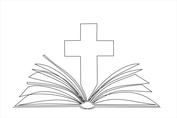 istock Continuous single one line drawing of open book and cross. Illustration with quote template. One line vector illustration. Order a banner for one line drawing. 2159233576