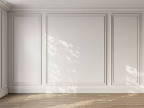 istock Empty classic modern white interior with blank wall, mouldings, parquet and sunlight. 3d render illustration mockup. 2159235216