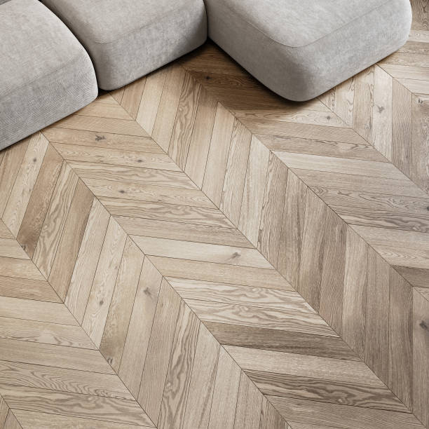 Light coloured chevron shaped wooden flooring, top view. 3d render illustration mockup.