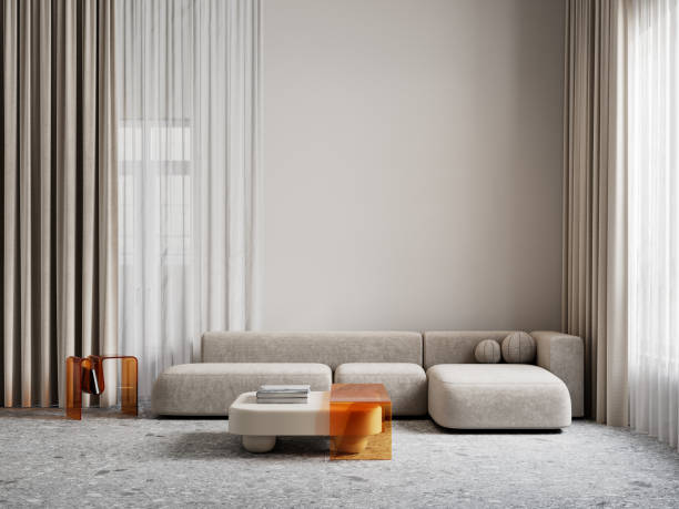istock Contemporary minimalist interior with sofa, orange plastic transparent coffee tables, grey terrazzo floor tiles and curtains. 3d render illustration mockup. 2159235324