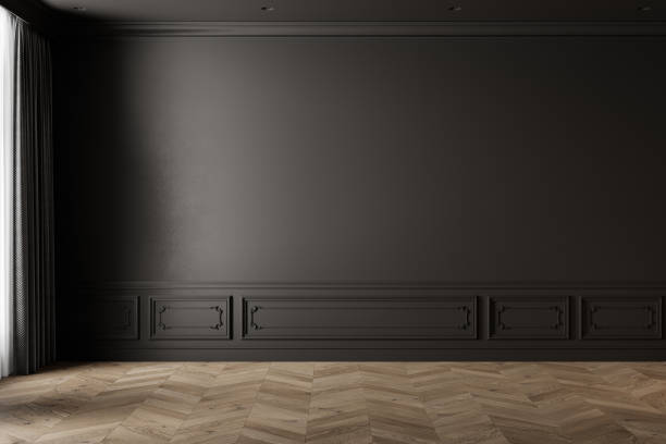 istock Blank black classic interior with mouldings and wooden chevron flooring. 3d render illustration mockup. 2159235399