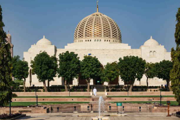 Man walks in front of Sultan Qaboos Grand Mosque in Muscat, Oman on a sunny day.