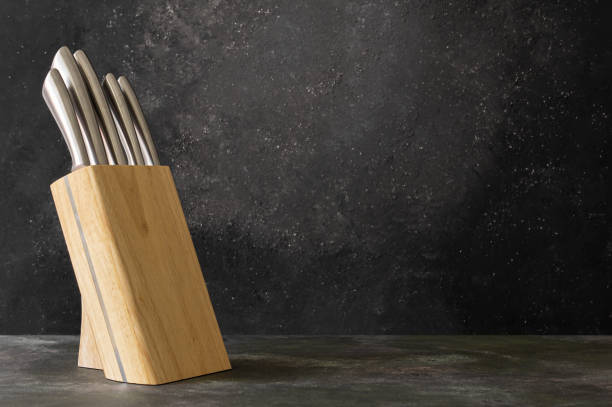 Casting steel various chef knife, Set of modern sharp kitchen knives on dark background